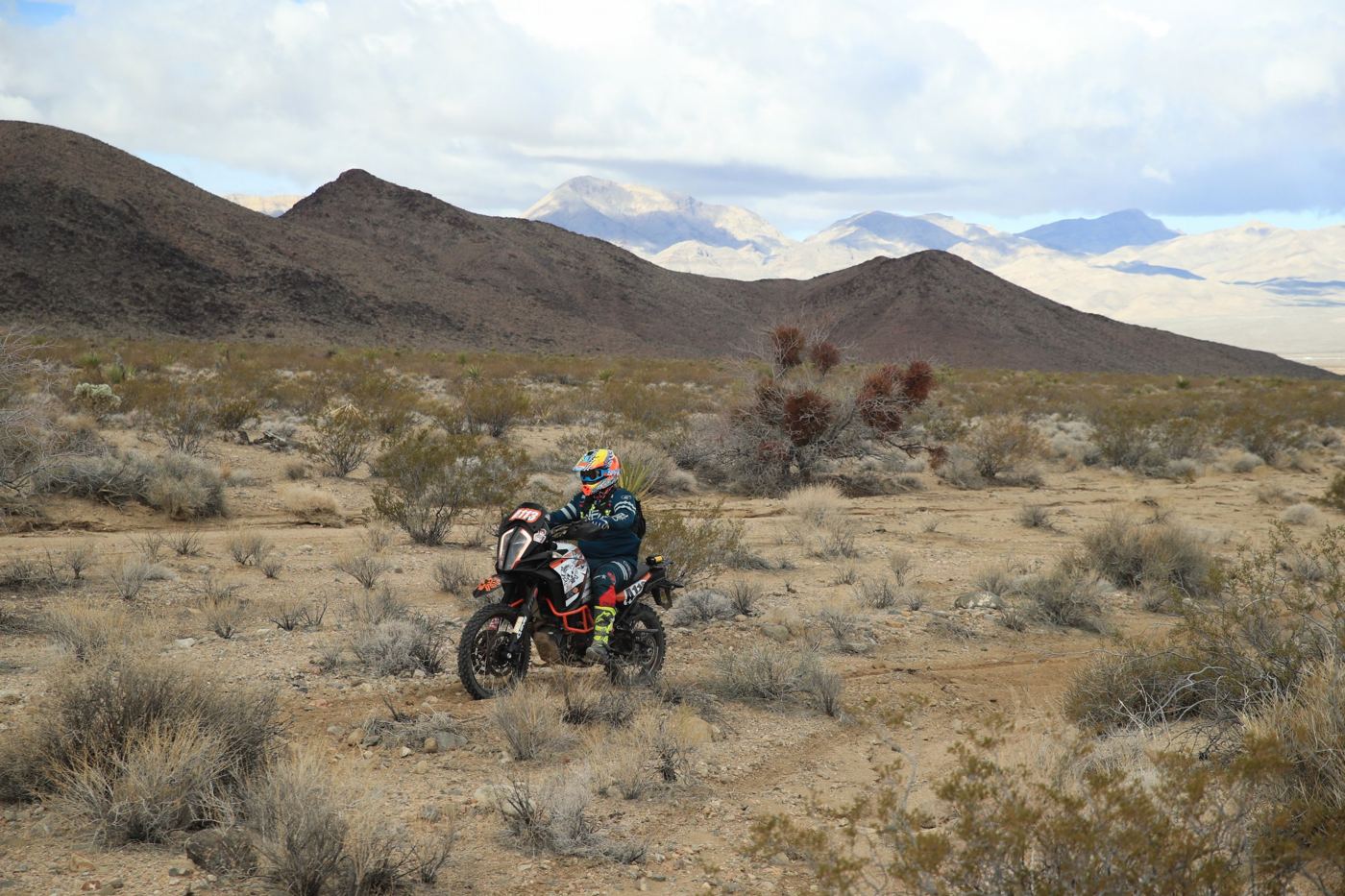 Riding through desert brush on the open course